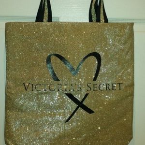 VICTORIAS SECRET GOLD GLITTERY CANVAS TOTE BAG
